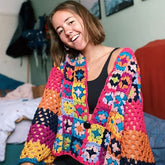 Vintage Cropped V Neck Button Up Multicolored Crochet Granny Square Cardigan